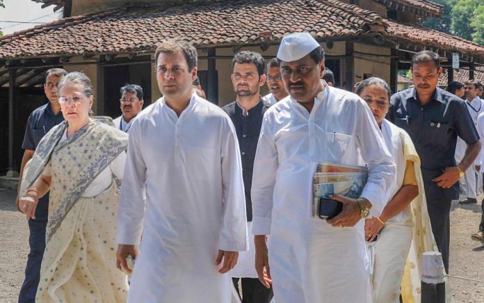 Congress President Rahul Gandhi with former Congress president Sonia Gandhi and others at Sevagram Ashram on Tuesday