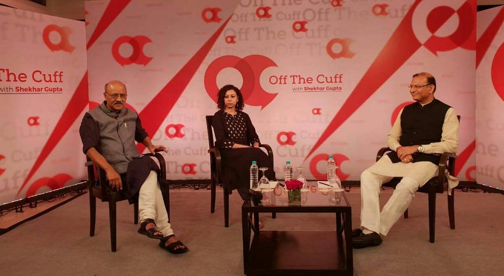Minister of State for Civil Aviation Jayant Sinha (R) in conversation with Shekhar Gupta and Ruhi Tewari