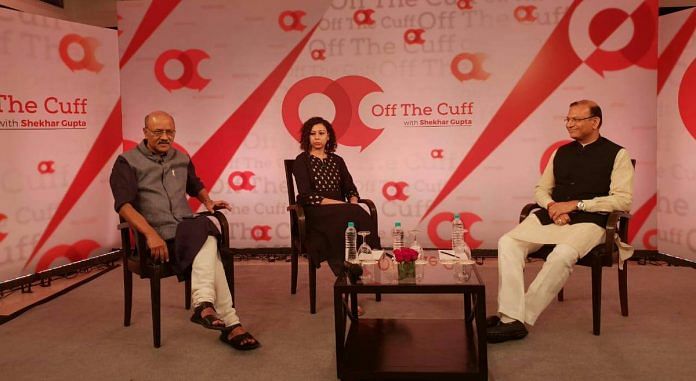 Minister of State for Civil Aviation Jayant Sinha (R) in conversation with Shekhar Gupta and Ruhi Tewari