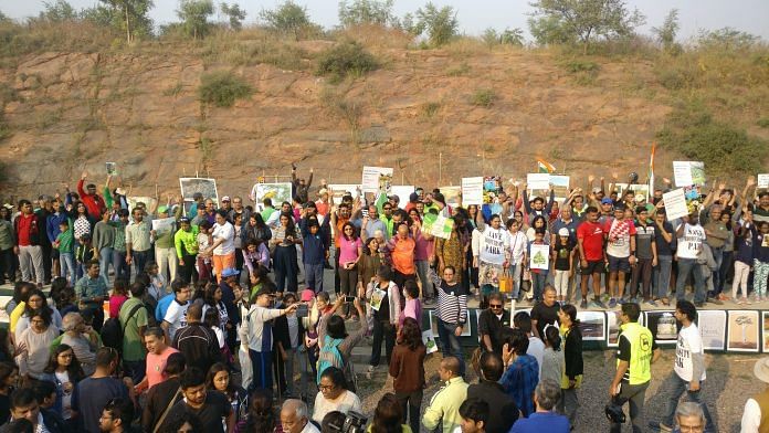 1,200 people collected at the Aravali Biodiversity Park to protest against NHAI's decision to construct an expressway cutting through the park | Nandita Singh/ThePrint.in