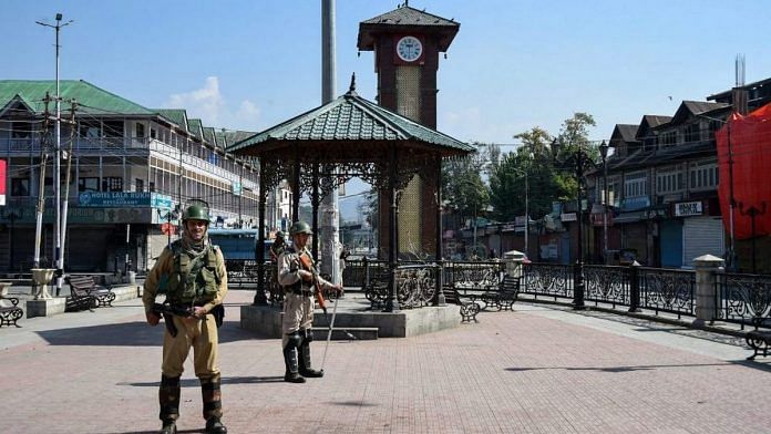 Security personnel guard at Lal Chowk in Srinagar | S Irfan/PTI