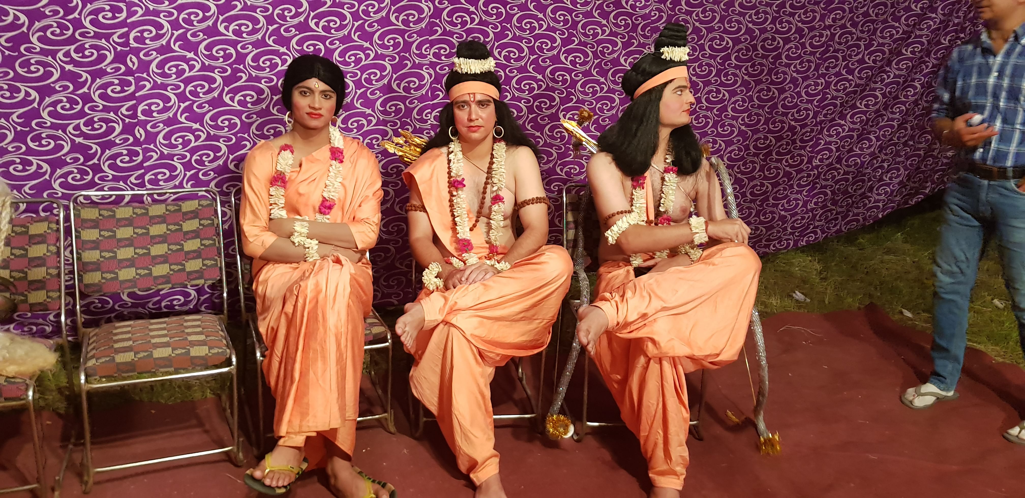 Actors dressed as Sita, Lakshman and Ram await their turn backstage | Chitleen K Sethi/ThePrint