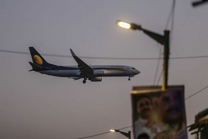 A Jet Airways India Ltd. plane prepares to land