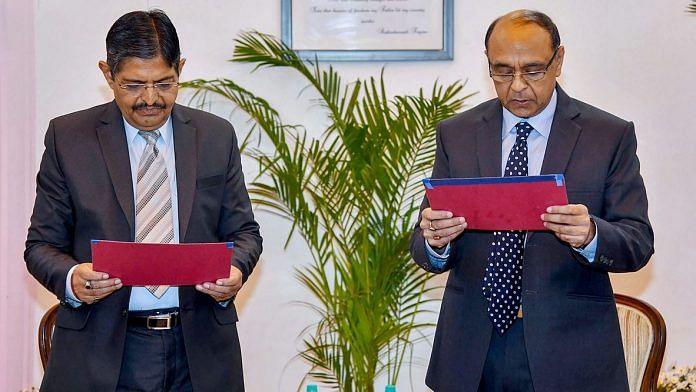 Arvind Saxena being administered the Oath of Office and Secrecy as UPSC Chairperson by Union Public Service Commission's senior most member Prof. (Dr.) Pradeep Kumar Joshi, in New Delhi