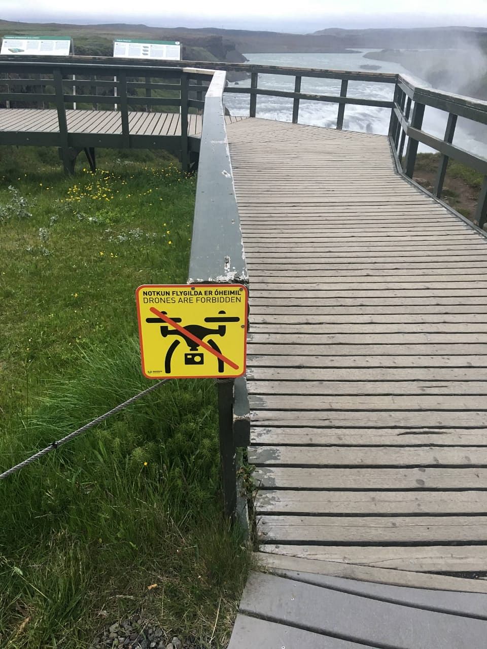 A sign prohibiting the use of drones at Gullfoss, Iceland.