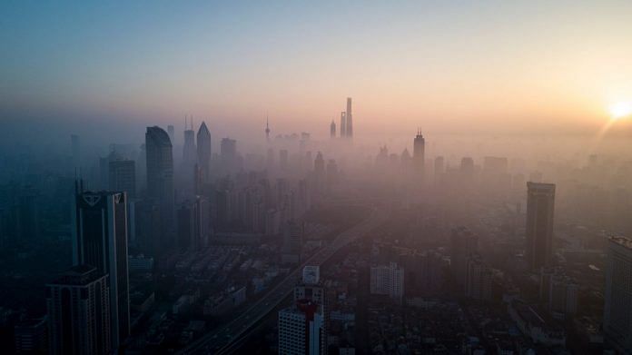 The skyline of Shanghai on a polluted day on February 23, 2018