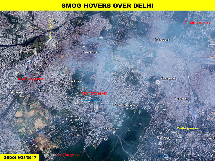 A satellite image from September 2017 shows smog triggered by industrial pollution in north Delhi.