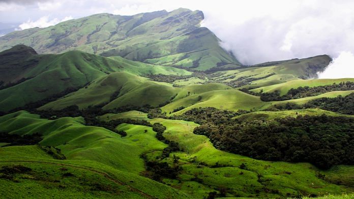 The shola forests nestled in valleys surrounded by undulating grasslands in Kudremukh | Archana Sundareshan