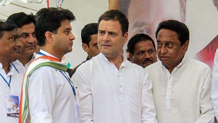 File photo of Congress president Rahul Gandhi (C), Guna MP Jyotiraditya Scindia (L) with Madhya Pradesh chief minister Kamal Nath (R) | PTI