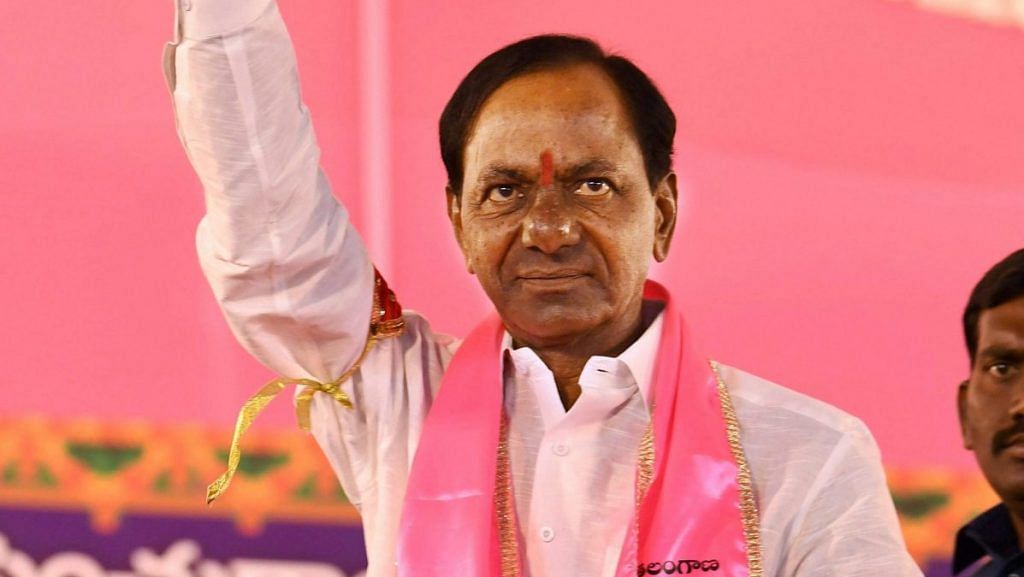 Telangana chief ministerand TRS party president K Chandersheker Rao flashes victory sign at a rally in Secunderabad on December 2, 2018 | PTI