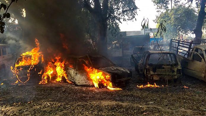 Vehicles set on fire by a mob during a protest over the alleged illegal slaughter of cattle | PTI