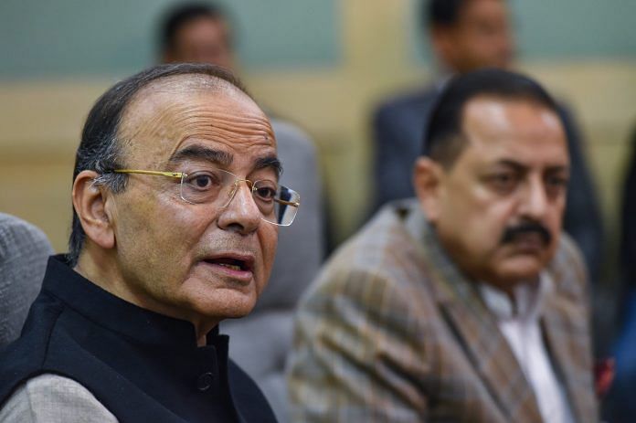 Union Finance Minister Arun Jaitley addresses the media at his office, in New Delhi, Monday