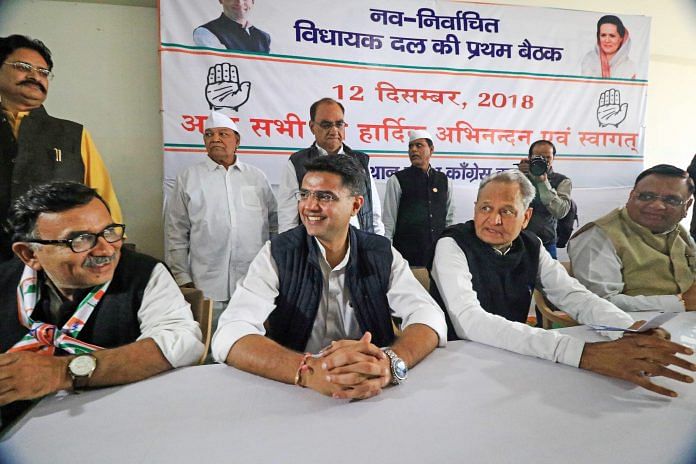 Sachin Pilot and Ashok Gehlot at the Congress party office, in Jaipur| PTI