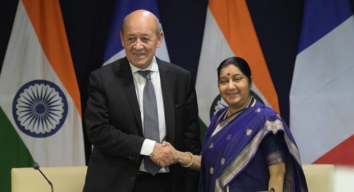 External Affairs Minister Sushma Swaraj and Minister of Europe and Foreign Affairs of France Jean-Yves Le Drian exchange greetings after their joint press statement in New Delhi