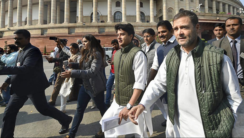 Congress President Rahul Gandhi with party MP Jyotiraditya Scindia during the Winter Session of Parliament