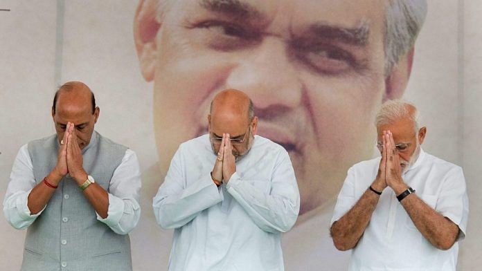 File photo of PM Narendra Modi along with BJP president Amit Shah and party leader Rajnath Singh | PTI