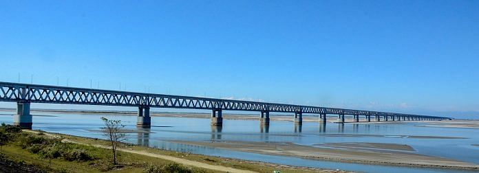 A view of India's longest rail-road bridge 'Bogibeel Bridge' in Dibrugarh, Monday, Dec 24, 2018, a day before its inauguration by Prime Minister Narendra Modi