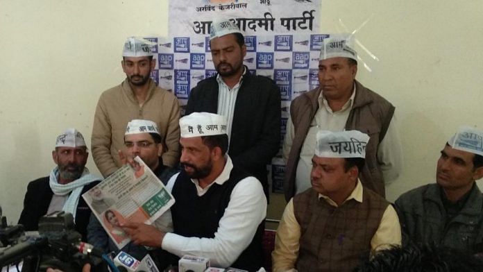 AAP's Haryana in-charge Navin Jaihind addressing a press conference