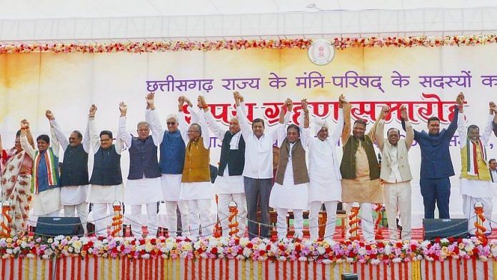 Newly sworn-in ministers at a group photo session followed by their oath ceremony in Raipur