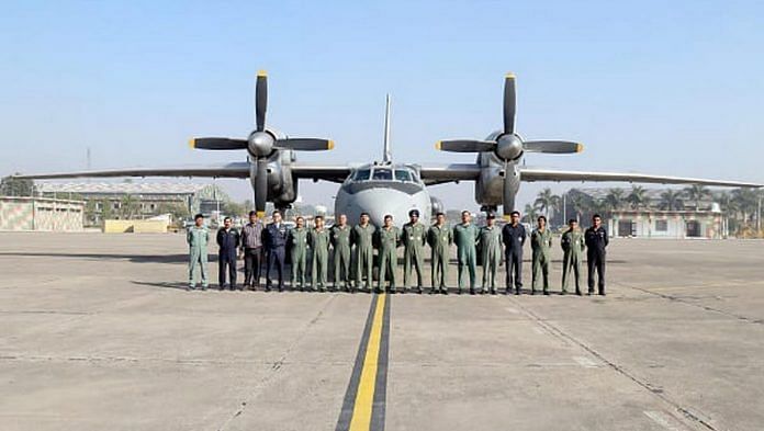 IAF personnel and the An-32 bio-fuel demonstrator aircraft at 12 Wing, Chandigarh