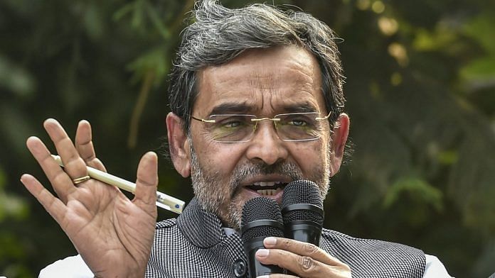 Rashtriya Lok Samata Party (RLSP) chief and Union minister of state for human resource development, Upendra Kushwaha addresses a press conference to announce his resignation from the Union Council of Ministers, at his residence in New Delhi