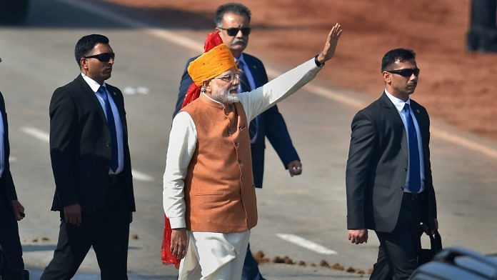 Prime Minister Narendra Modi waves at the crowd after attending the 70th Republic Day celebrations at Rajpath, in New Delhi |Kamal Kishore/PTI