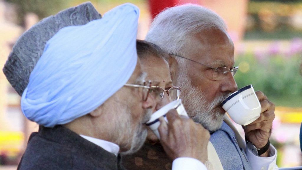 Former prime minister Manmohan Singh, Lok Sabha Speaker Sumitra Mahajan and Prime Minster Narendra Modi at tea time during the At Home reception at Rashtrapati Bhawan | Praveen Jain/ThePrint
