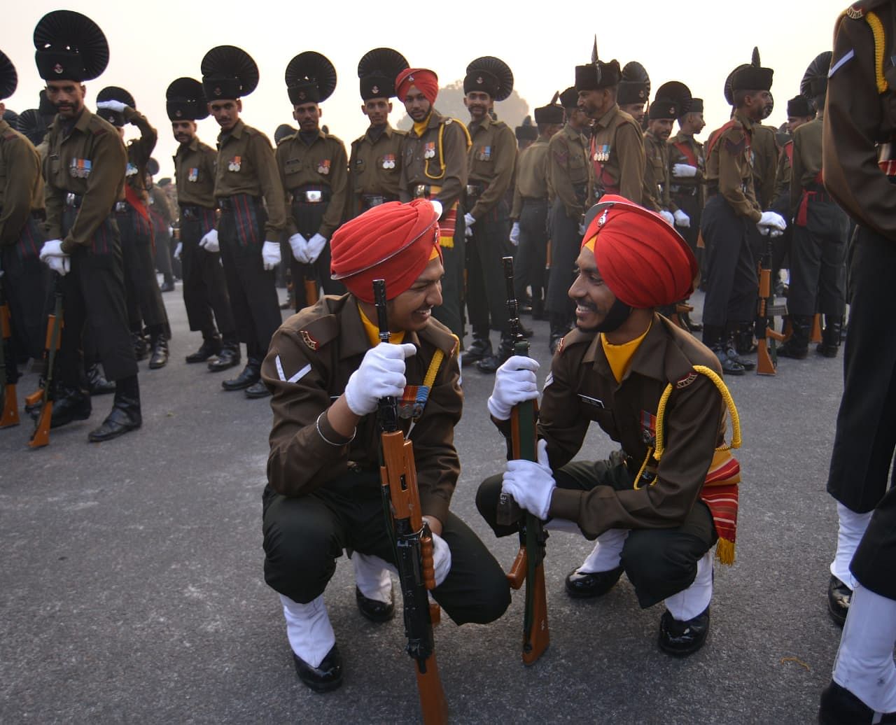 Officers of the Sikh regiment share a smile between rehearsals | Suraj Bhist/ThePrint