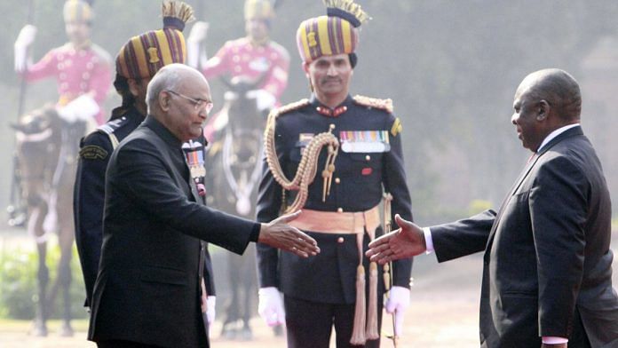 President Ramnath Kovind greets South African President Matamela Cyril Ramaphosa in Rashtripati Bhawan | Praveen Jain/ThePrint