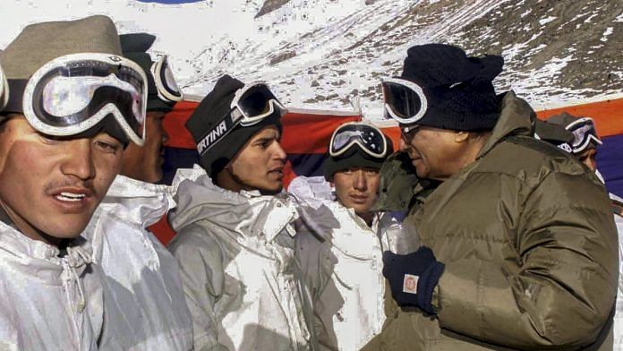 In this Nov 18, 2001 file photo, then defence minister George Fernandes interacts with the jawans at Siachen | PTI
