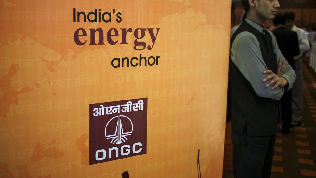 The Oil & Natural Gas Corporation (ONGC) logo on display at a news conference in New Delhi | Photo: Prashanth Vishwanathan | Bloomberg