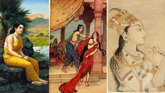 L-R: Sita in exile (Raja Ravi Verma) Ordeal of Queen Draupadi (Warivick Goble) and Nurjahan | Commons