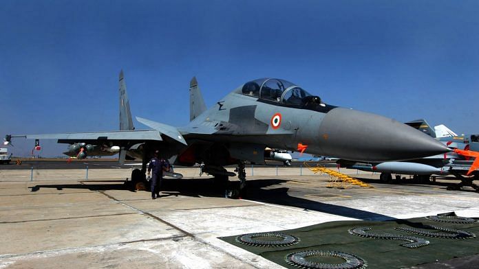 An Indian Air force fighter jet Sukhoi 30 on display during Aero India 2007 in Bangalore