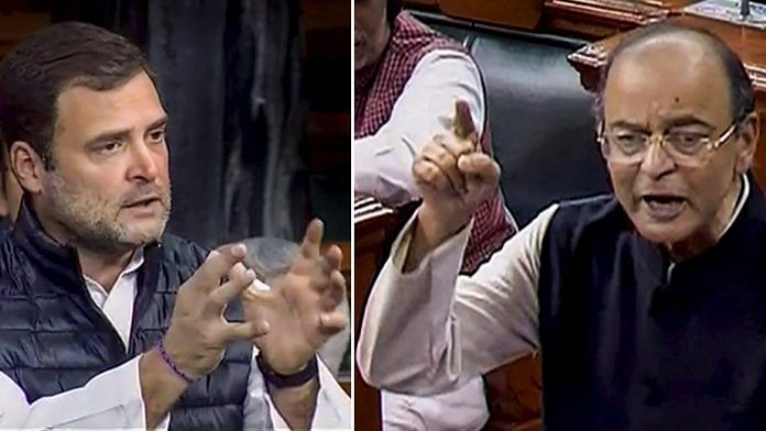 Finance Minister Arun Jaitley and Congress President Rahul Gandhi speak in the Lok Sabha during the discussion on the issues related to Rafale deal
