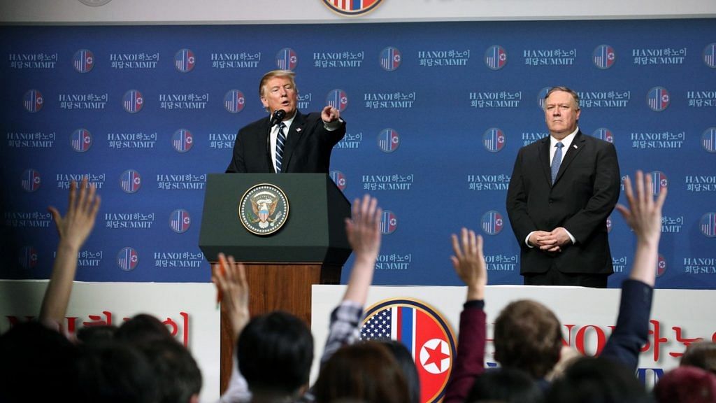 U.S. President Donald Trump takes a question during a news conference following the DPRK-USA Hanoi Summit in Hanoi on