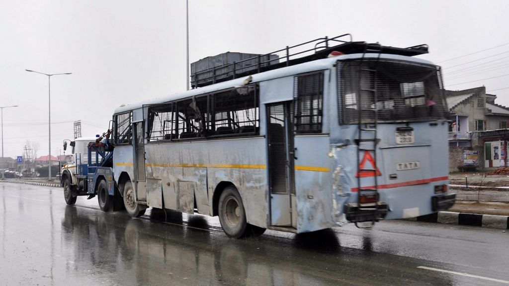A damaged CRPF vehicle after the Pulwama terror attack | File photo: PTI
