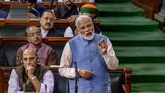 Prime Minister Narendra Modi speaks in the Lok Sabha during the Budget Session of Parliament