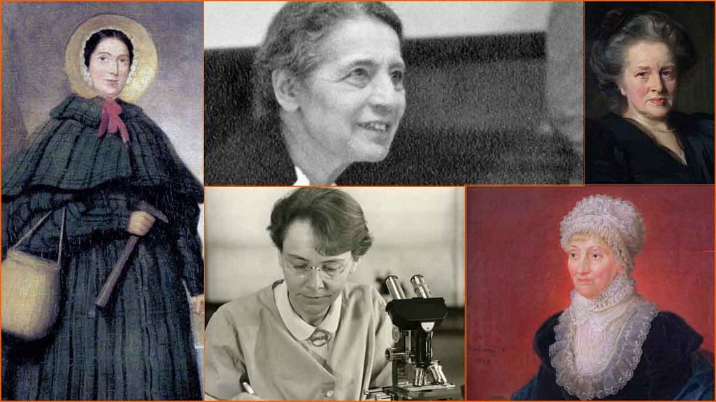 From extreme left clockwise: Mary Anning, Lise Meitner, Elizabeth Garrett Anderson, Caroline Herschel, Barbara McClintock (Wikipedia)