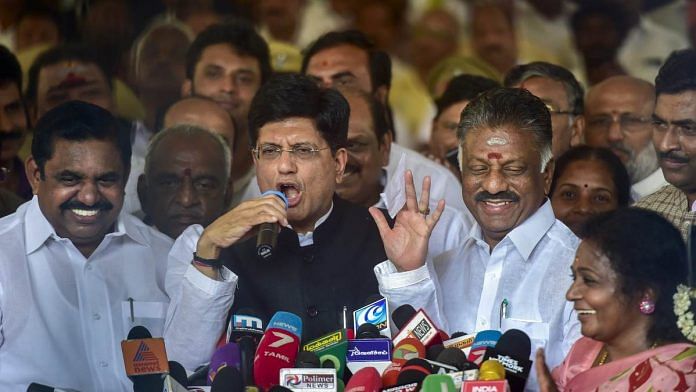 Union Minister and BJP's Tamil Nadu election in-charge Piyush Goyal addresses media after ruling AIADMK party signed an alliance with BJP for the upcoming Lok Sabha elections