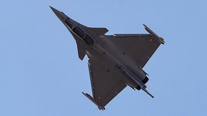 A Rafale fighter aircraft seen during rehearsals for fly-past ahead of the 12th edition of AERO India 2019 at Yelahanka Air Base in Bengaluru