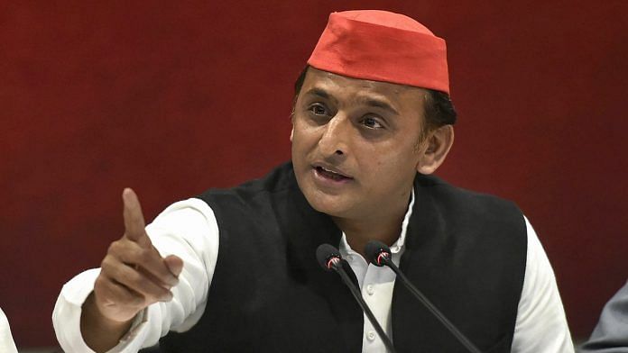 Samajwadi Party President Akhilesh Yadav addresses a press conference at party office in Lucknow