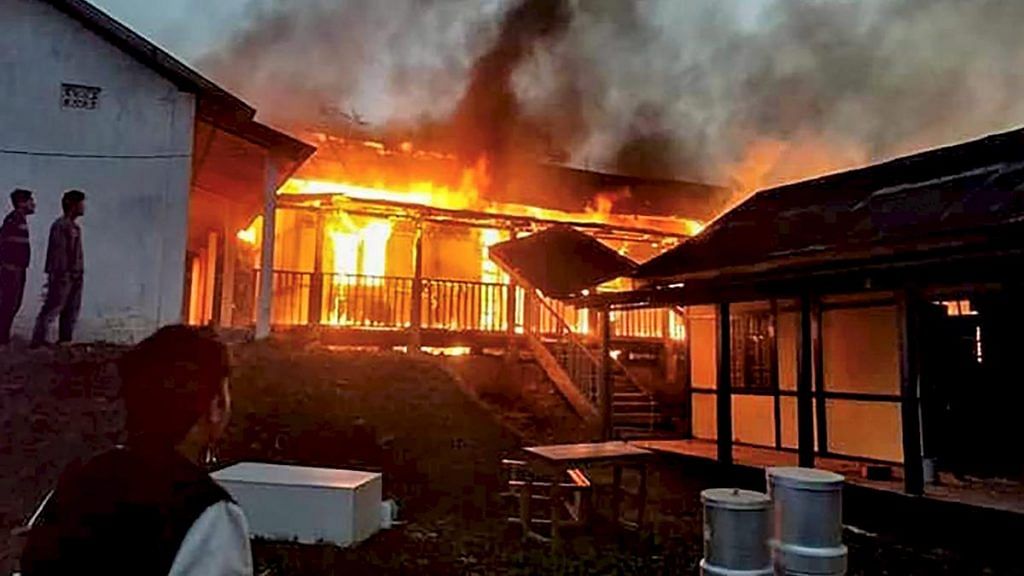 A building set on fire in Itanagar after a mob went on a rampage during a protest against the move to grant permanent resident certificates to six communities