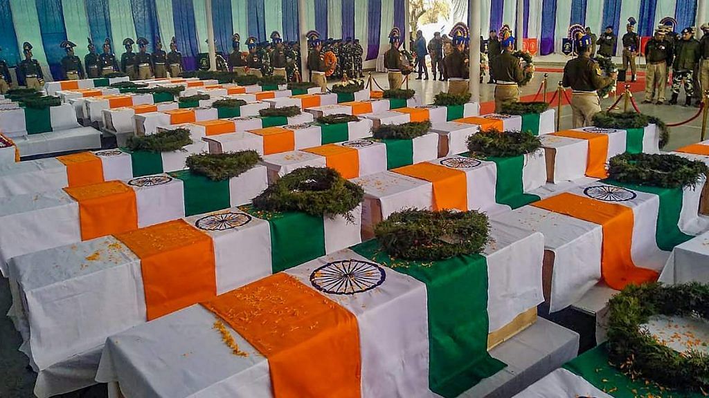 Tricolor draped coffins of the CRPF personnel, who lost their lives in Pulwama terror attack