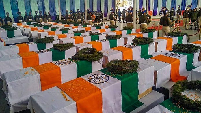 Tricolor draped coffins of the CRPF personnel, who lost their lives in Pulwama terror attack
