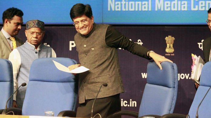 Finance minister Piyush Goyal after presenting the budget in Parliament | Praveen Jain/ThePrint