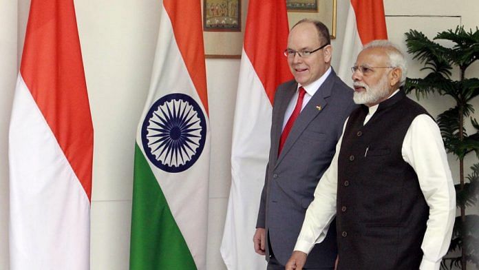 Prime Minister Narendra Modi with Prince Albert II after the meeting of the Monaco at Hyderabad House
