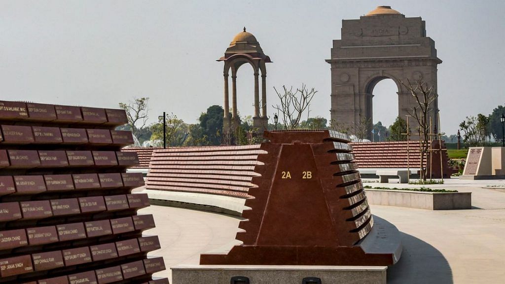 A wall with the names of the martyred soldiers displayed at the National War Memorial in New Delhi