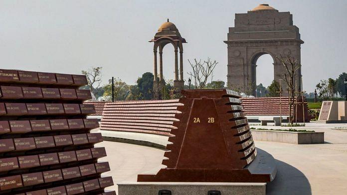 A wall with the names of the martyred soldiers displayed at the National War Memorial in New Delhi