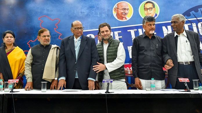 Congress president Rahul Gandhi with TDP chief N Chandrababu Naidu and NCP Chief Sharad Pawar at the opposition parties' meeting | Kamal Kishore/PTI