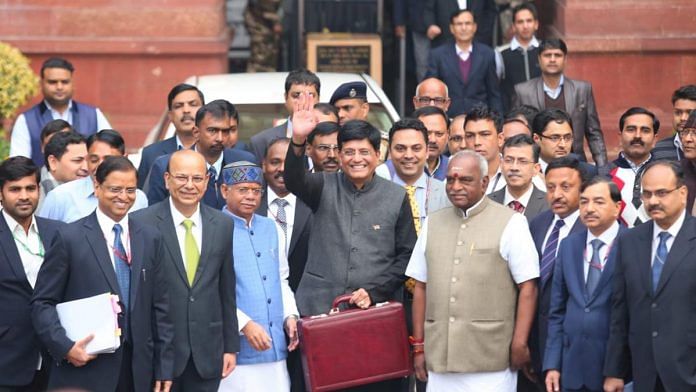 Interim Finance minister Piyush Goyal and his team outside the Parliament before the budget session